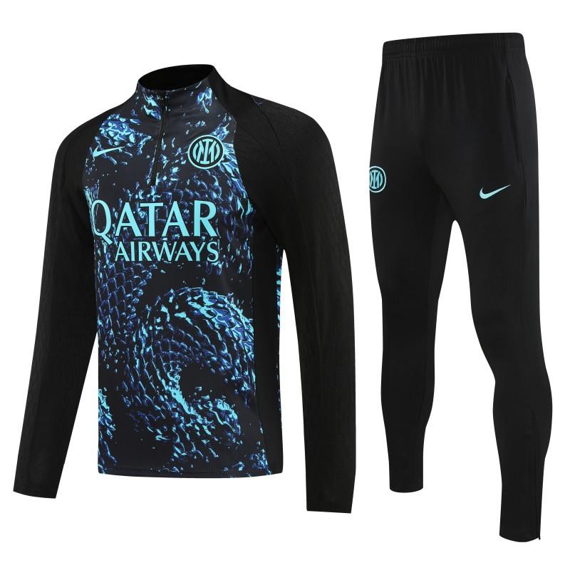 Player Version 25/26 Inter Milan Black with Blue Water Splash Pattern Half Zipper Jacket Tracksuit +Long Pants