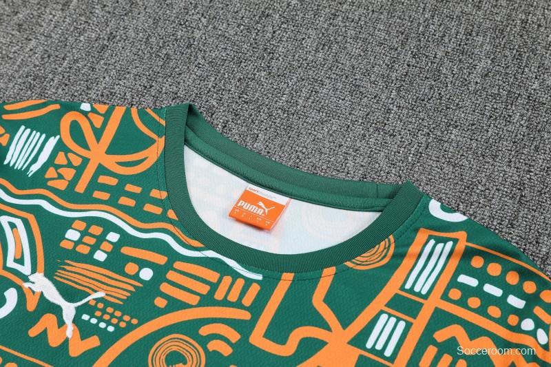 25/26 Côte d'Ivoire Green Tribal Print Short Sleeve Training Suit + Shorts
