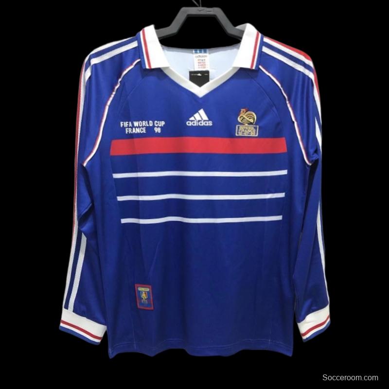 Retro 1998 Long Sleeve France Home Soccer Jersey With 98 France Patch