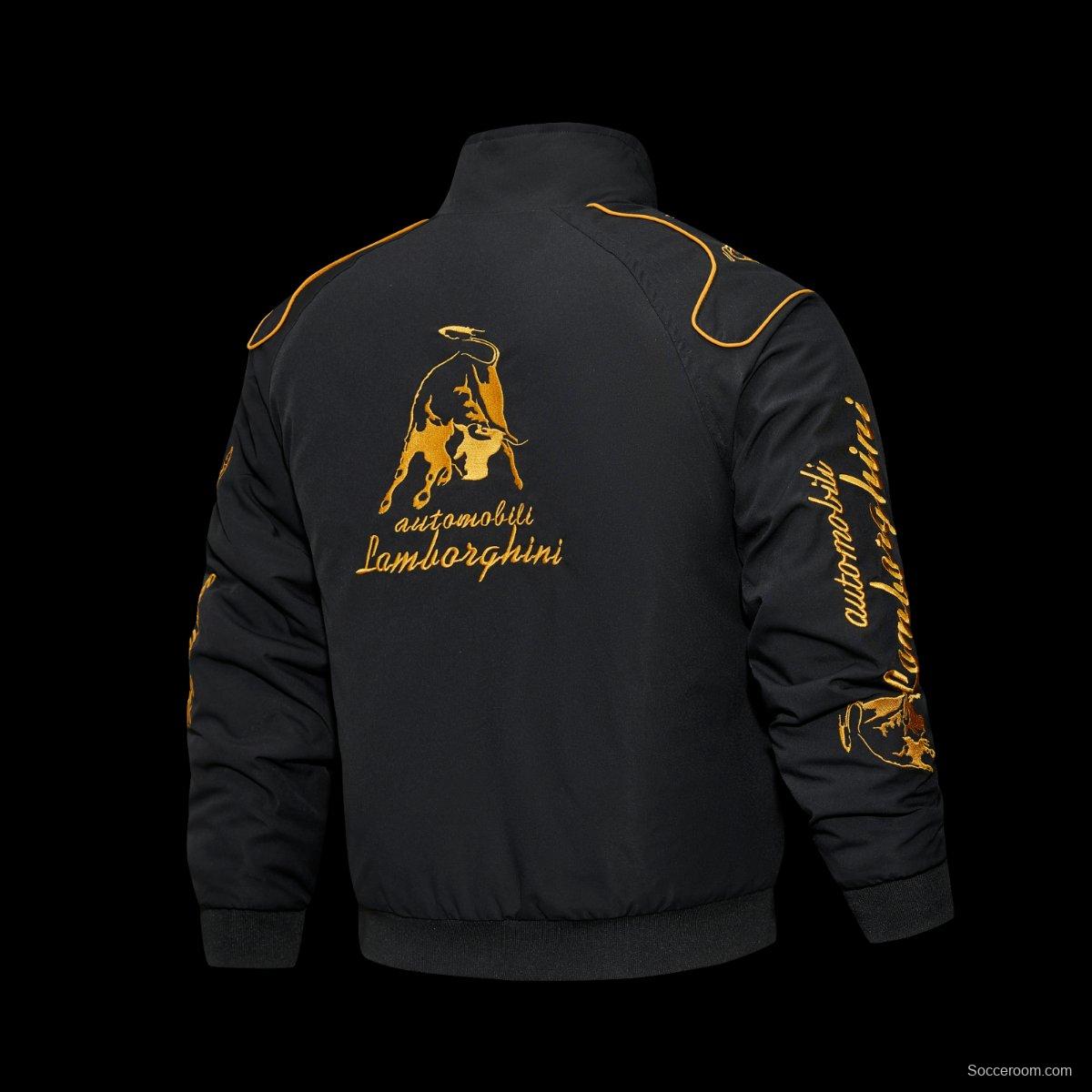 2026 F1 Lamborghini Automobili Black Racing Jacket with Gold Bull Logo Embroidery and Piping Details