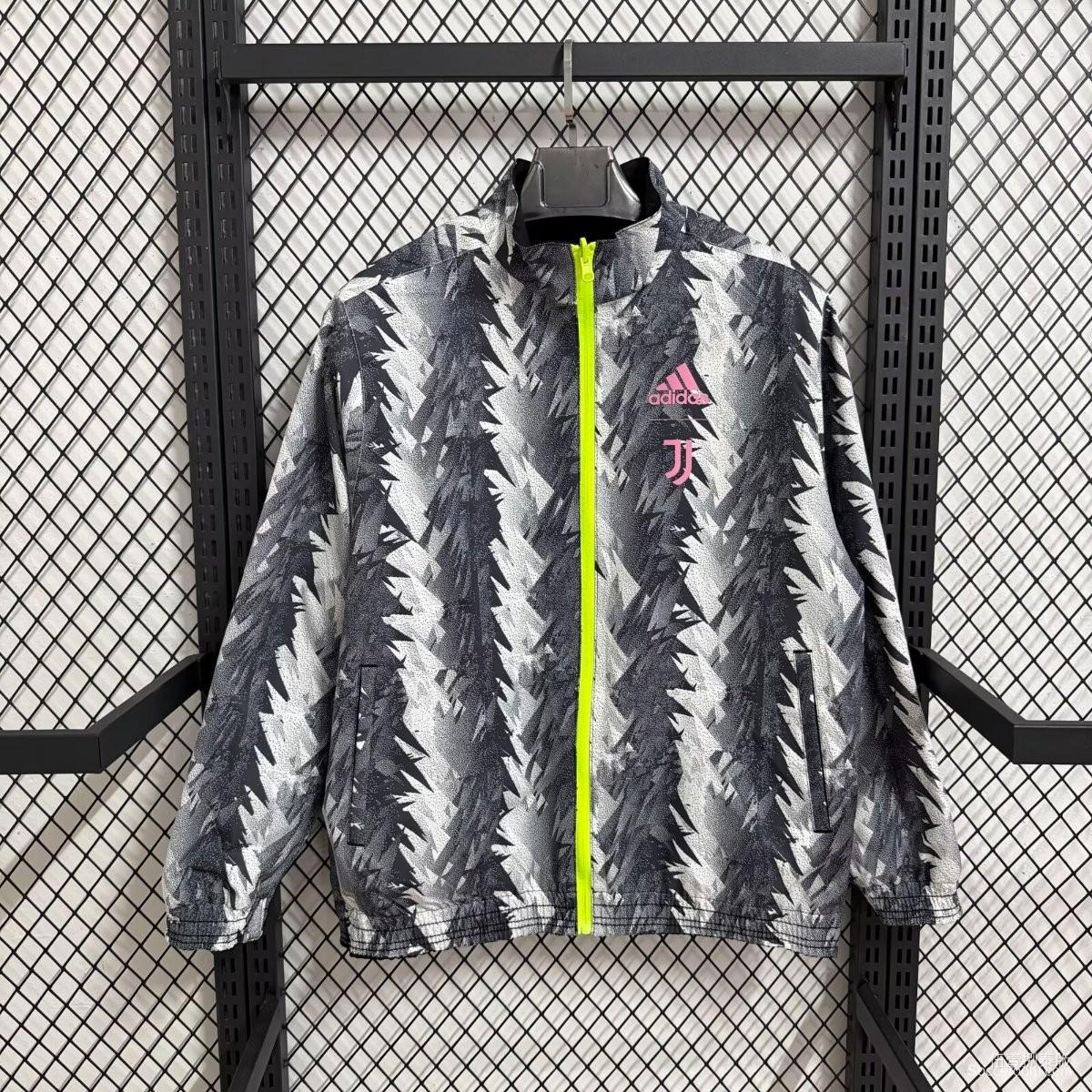 25/26 Juventus Grey with White Zigzag Pattern Full Zipper Windbreaker